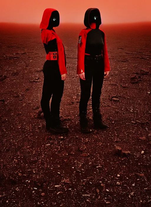 Prompt: cinestill 5 0 d photographic portrait of two loving female androids wearing rugged black techwear on a desolate plain with a red sky, extreme closeup, lizard on ground, cyberpunk style, in front of a brutalist dark metal facility, dust storm, 3 5 mm, hd, high resolution, 8 k, f / 3 2, ultra realistic faces