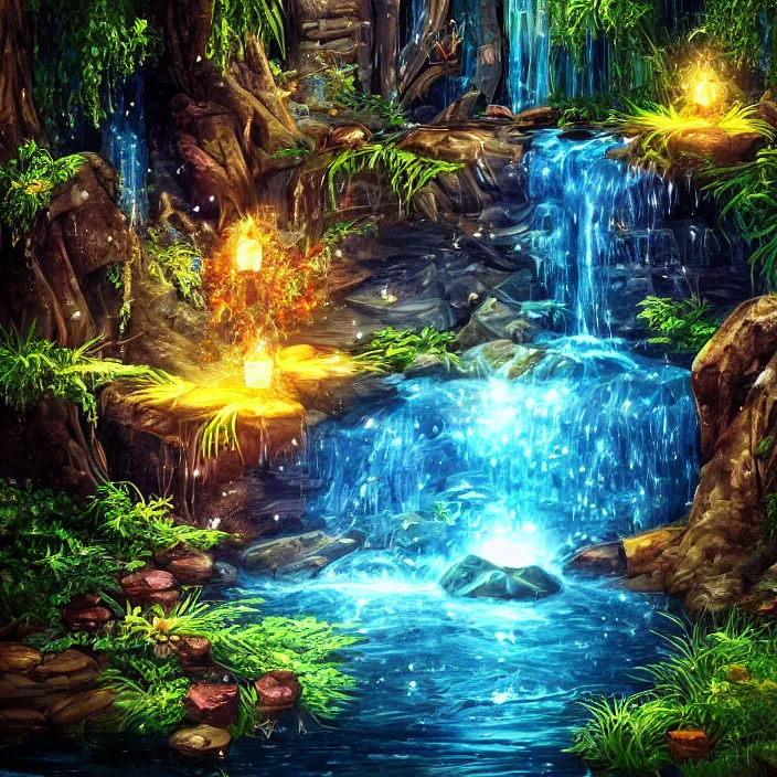 Image similar to Waterfall with treasure hidden behind the water stream, fantasy art style, glowing chest