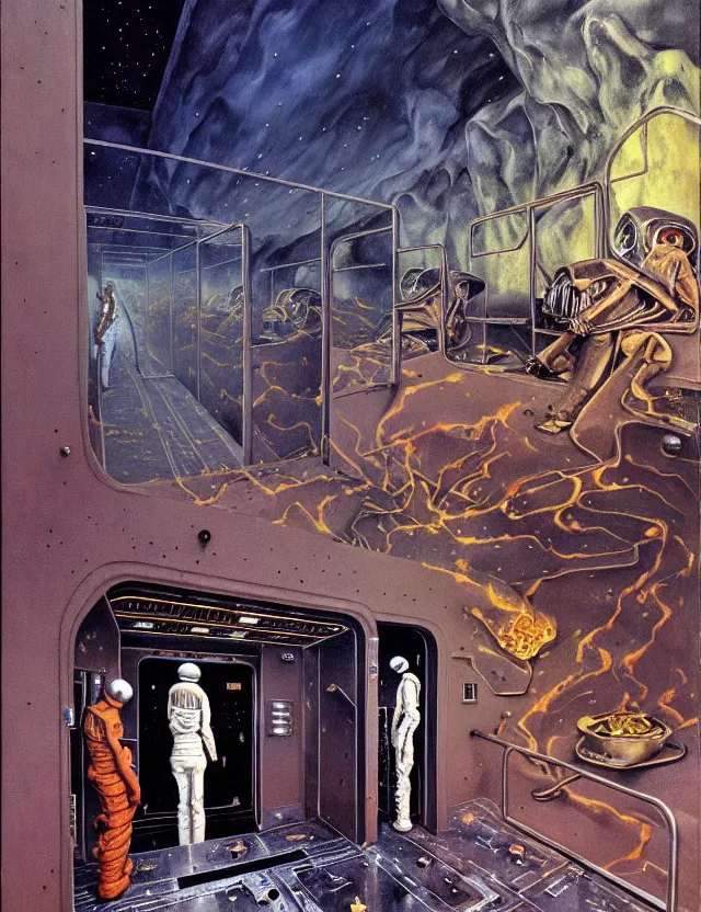 Image similar to crematorium on desert planet, elevator, side ramp entrance ambulance smoke dead bodies, guards intricate, painting by lucian freud and mark brooks, bruce pennington, dark colors, neon, death, guards, nice style culture