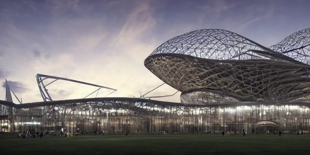 Image similar to extremely detailed ornate stunning sophisticated beautiful elegant futuristic victorian soccer stadium exterior by Henry Young Darracott Scott and Francis Fowke, stunning volumetric light, stainless steal, concrete, translucent material, beautiful sunset, tail lights