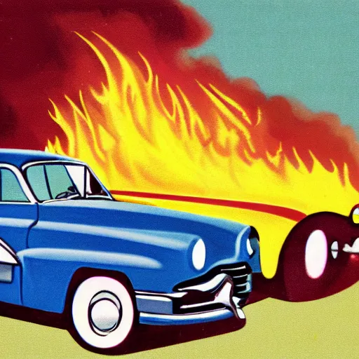 Image similar to detailed cheerful color 1950s illustration of a car on fire