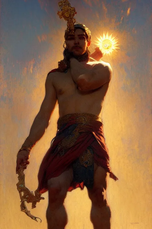 Prompt: god of sun, male character design, painting by gaston bussiere, craig mullins, greg rutkowski, alphonse mucha, trending on artstation