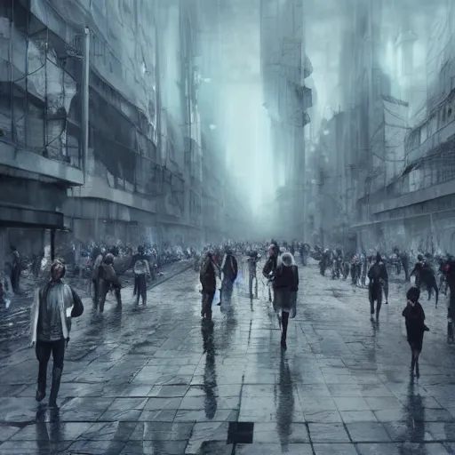 Image similar to hordes of drone-like people aimlessly walking around a depressing dystopian cityscape , trending on artststion, hyper realistic, surreal, melancholic, 8k, upscaled