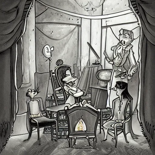 Image similar to a group of cartoon characters standing around a chair, a storybook illustration by tony diterlizzi, deviantart contest winner, gothic art, storybook illustration, official art, tarot card