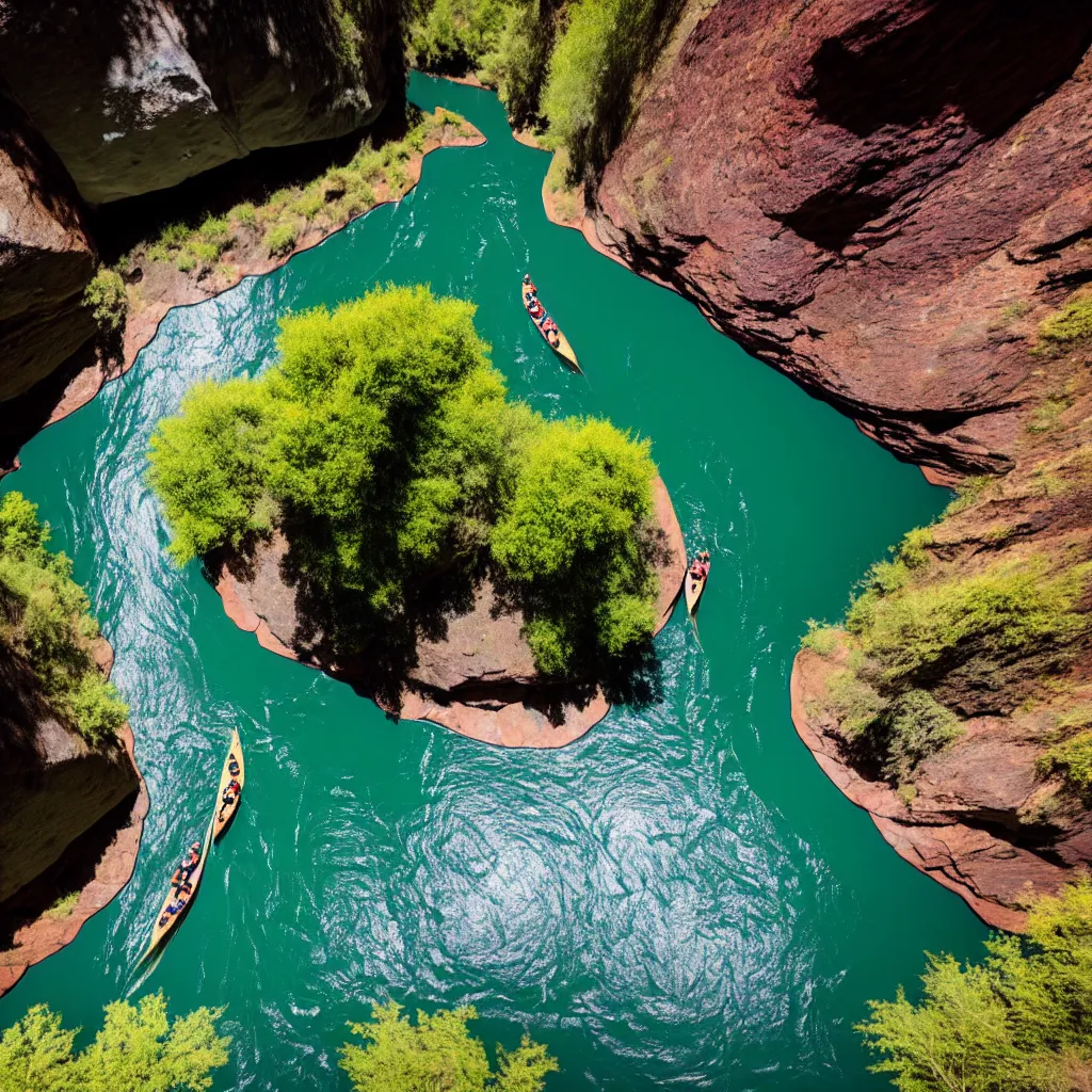 Prompt: river rafters on a river in a deep canyon