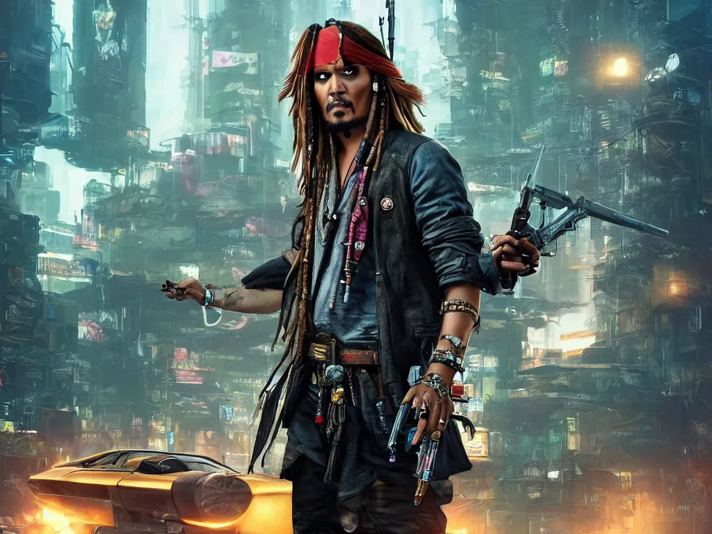 Prompt: jack sparrow in the game of cyberpunk 2 0 7 7, portrait, focus, 3 d illustration, sharp, intricate, poster, jack sparrow standing in front of the futuristic car, night city dystopian cyberpunk city in the background, holding a gun, photo, detailed photo, scene from blade runner