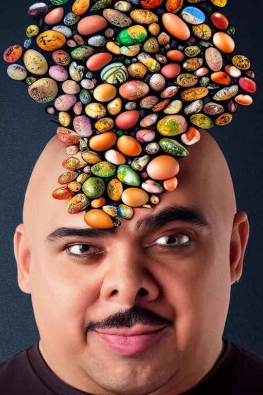 Image similar to 📷 gabriel iglesias the egg 🥚, made of food, head portrait, dynamic lighting, 4 k