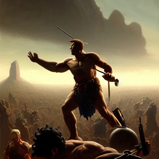 Image similar to highly detailed painting of julius caesar fighting a looming demigod, dramatic, sense of scale, stephen bliss, unreal engine, greg rutkowski, ilya kuvshinov, ross draws, hyung tae and frank frazetta, tom bagshaw, tom whalen, nicoletta ceccoli, mark ryden, earl norem, global illumination, god rays, windswept