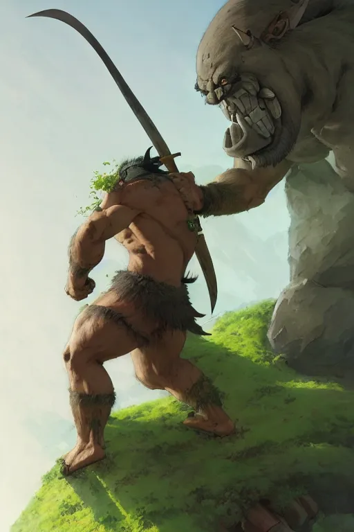 Image similar to orc barbarian male, green skin, exquisite details, big axe, earth magic, mid view, design on a white background, by studio muti, greg rutkowski makoto shinkai takashi takeuchi studio ghibli