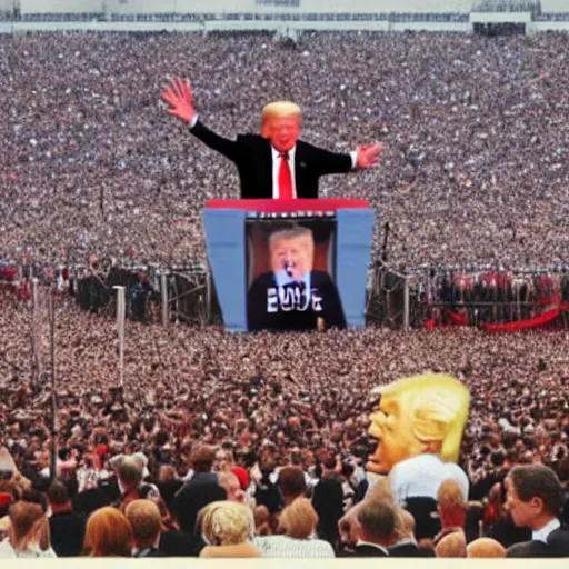 Image similar to enoumous crowd of millions of people, everyone is laughing and pointing at donald trump on a podium. he is not wearing pants and his legs are visible. style of salvador dali.