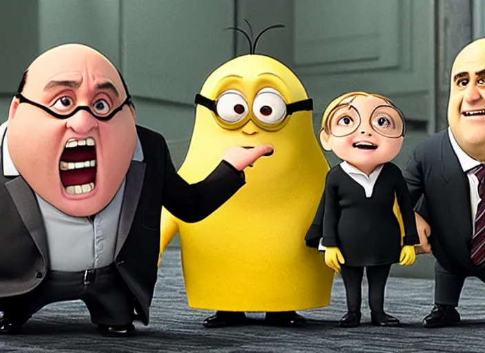 Image similar to Danny DeVito cast as Gru with his minions, still from Despicable Me 2010