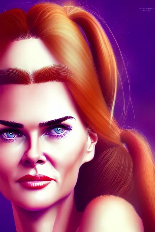 Image similar to mix of beautiful young maria shriver, mariel hemmingway, brooke shields, nicole kidman and elle macpherson as an alien creature, thin lips, hair tied up in a pony tail, dark blonde hair, colorful, artstation, cgsociety