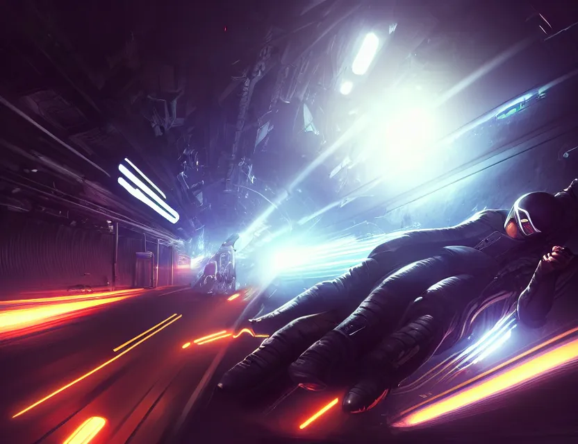 Image similar to highspeed hyper jump in space accelerated movement in the tunnel blurry forward movement glowing beams of light, hyper details, 4 k realistic, cryengine, realistic shaded lighting poster by artgerm, ross tran, fuji choko, 8 k resolution, trending on artstation, luxury