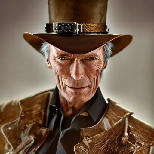 Image similar to clint eastwood steampunk cyborg, fantasy, sharp focus, contemporary fashion shoot, by edward robert hughes, annie leibovitz and steve mccurry, david lazar, jimmy nelsson, extremely detailed, hyperrealistic, perfect face, octane render