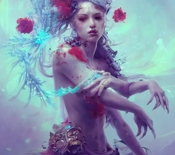Image similar to beautiful girl necromancer covered with crystals exploding blood, 3 d render, hyper realistic detailed portrait, holding magic flowers, ruan jia, wlop. scifi, fantasy, hyper detailed, octane render, concept art, peter mohrbacher