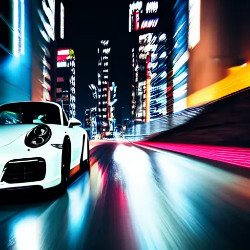 Image similar to photo of a porsche 9 1 1 at night drifting through a city, cinematic, 4 k, long exposure photography, tokyo drift, fast and furious, film still, night photography, motion blur, lens flare, movie shot, light trail, distortion, wide angle, reflections