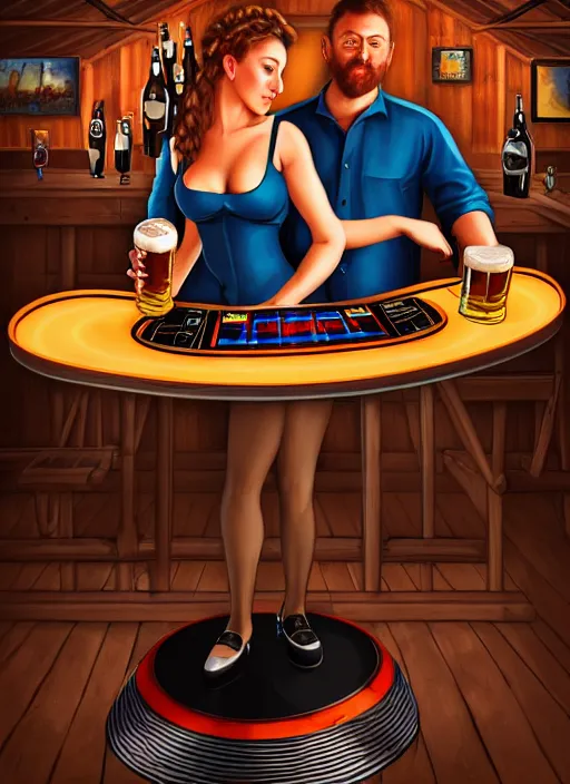 Prompt: image of large pint of beer and large technics dj table front of picture, in the backround man and a woman very drunk and dancing from octoberfest, dark backround, highly detailed, digital illustration, trending in artstation, modern painting, smooth, sharp focus, intricate, einar jonsson and bouguereau