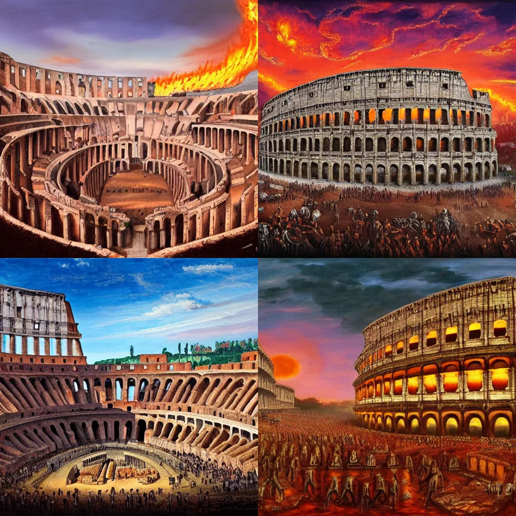 Prompt: colosseum on fire in ancient rome being invaded by skeletons, wide angle view, top view, sunset, hyperrealistic, high detail, oil painting, 8 k,