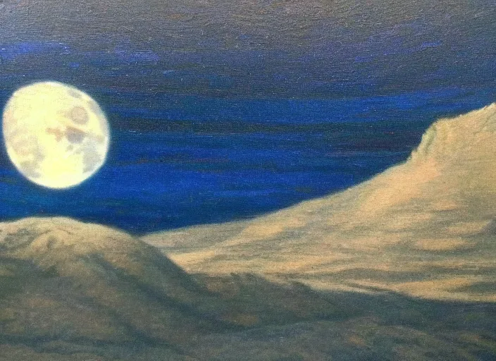 Prompt: the moon's sea of tranquility, earth in the background in the style of hudson river school of art, oil on canvas