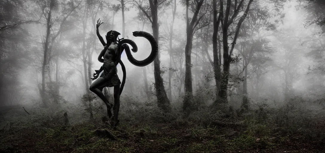 Image similar to a 8 5 mm realistic photograph of a 6 armed serpent goddess + dark fantasy + nightime + ancient forest + dramatic lighting + fog