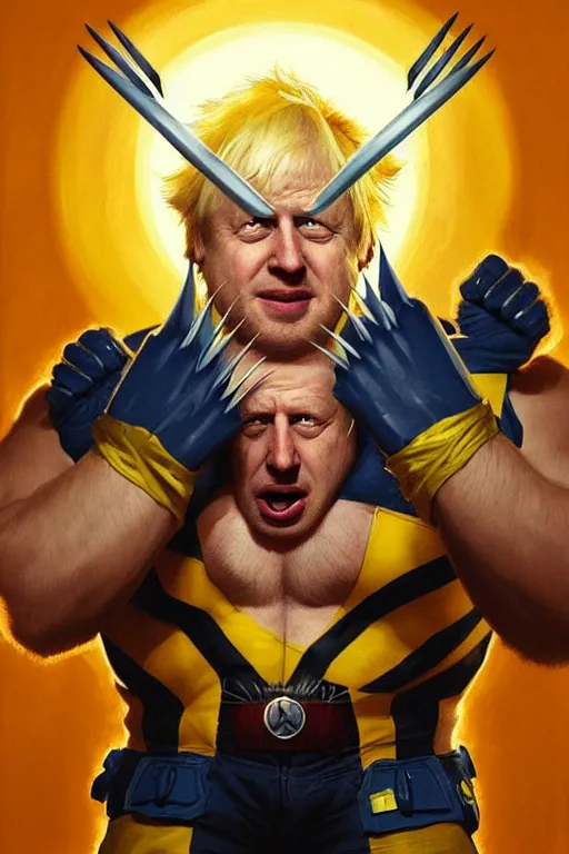 Image similar to Boris Johnson as calm but serious Wolverine, shining claws, yellow X-man costume, portrait, masculine figure, highly detailed, digital painting, artstation, concept art, smooth, sharp focus, illustration, cinematic lighting, art by artgerm and greg rutkowski and alphonse mucha