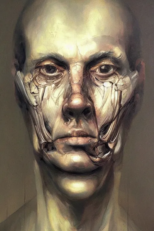 Prompt: beautiful clean oil painting biomechanical portrait of man face by rafael albuquerque, wayne barlowe, rembrandt, complex, stunning, realistic, skin color