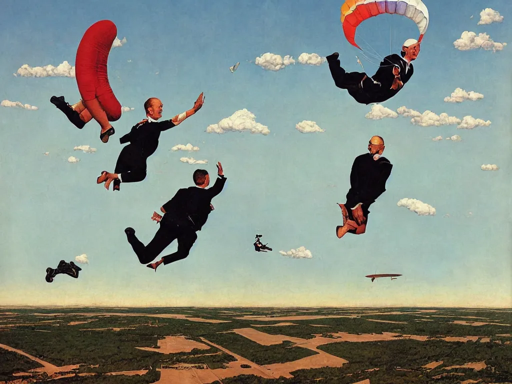 Image similar to benjamin netanyahu skydiving, plane and parachute in background, by norman rockwell and rene magritte, highly detailed