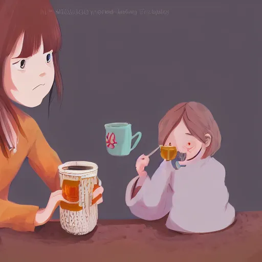 Image similar to little girl drinking tea with a friendly cryptid, digital art, artstation, studio ghibli