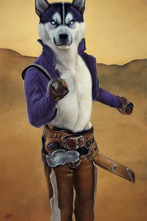 Image similar to a portrait painting of a husky in cowboy costume in the style of anime, a fistful of dollars, per un pugno di dollari, humanoid, personify, anthropomorphic