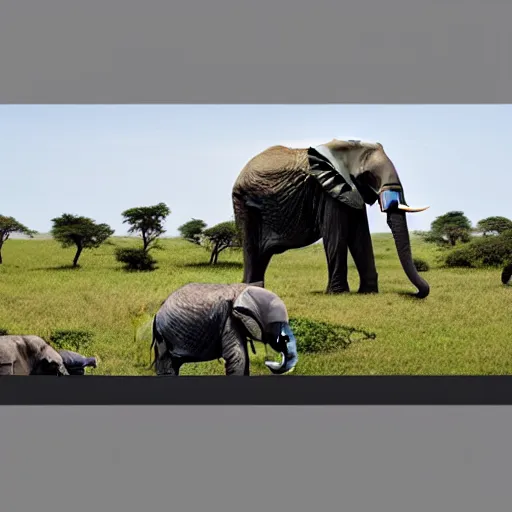 Image similar to a highly detailed panoramic photo by annie leibowitz of the serengeti. in the background a small boy next to an elephant with an extremely long trunk. 8 k, super resolution