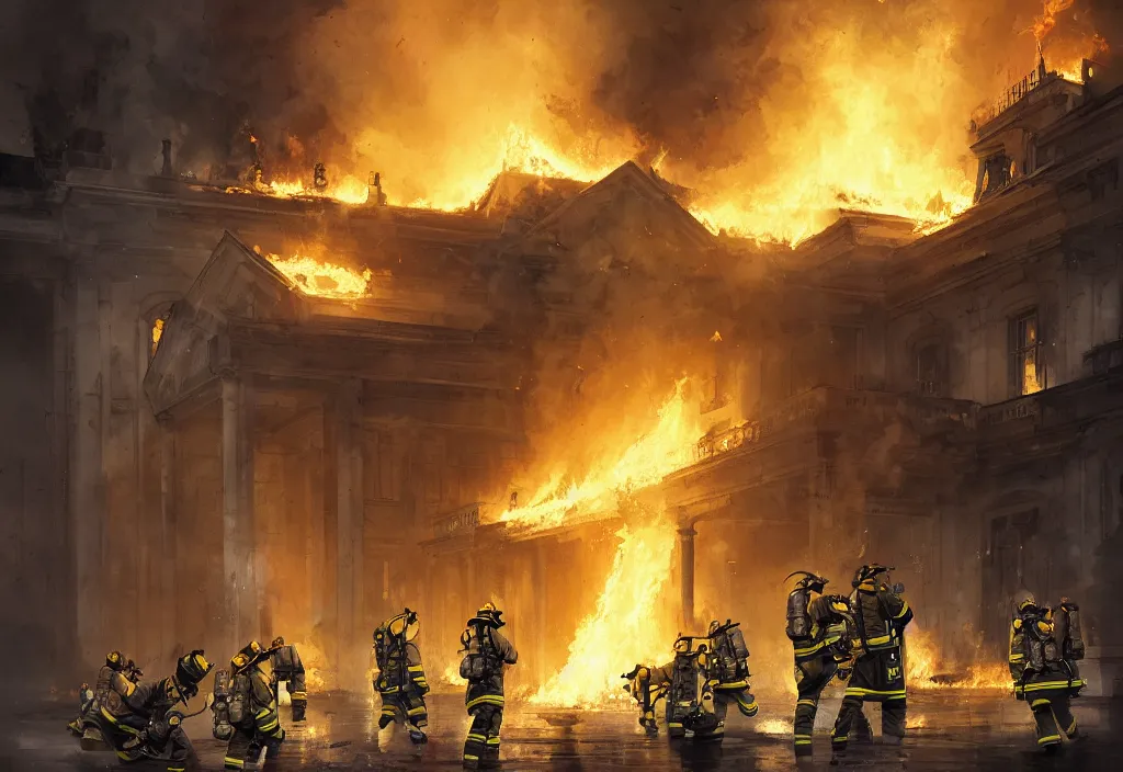 Image similar to one heroic firefighters with black and yellow uniforms in action inside white house, interior background, fire flames, sharp details, sharp focus, photorealistic, octane, hyper detailed, trending on deviantart, illustration, by jordan grimmer and greg rutkowski and pine ( ハイネ ), intricate