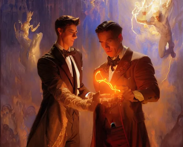 Image similar to attractive magician man, casting dark magic, summoning handsome devil. highly detailed painting by gaston bussiere, craig mullins, j. c. leyendecker 8 k