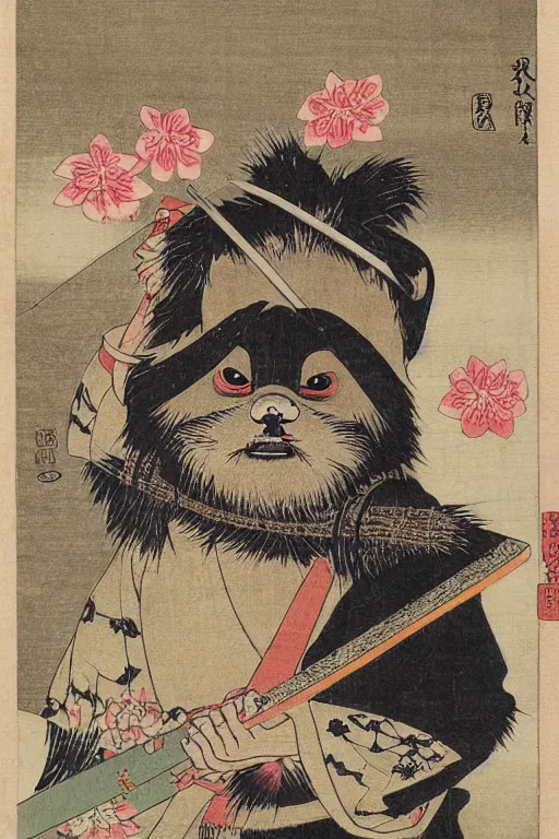 Image similar to Japanese woodblock print of Wicket the Ewok holding a samurai sword , cherry blossom, Hokusai