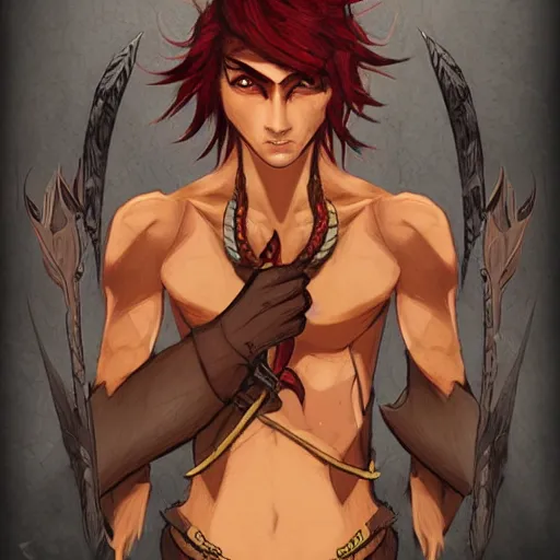 Image similar to dnd character illustration of a dark - skinned half - elf with messy red hair and golden eyes with slit pupils, androgynous