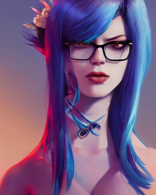 Prompt: beautiful female blue hair tattoo glasses symmetrical face eyes full length fantasy art Video game icon, 2d game art gta5 cover , official fanart behance hd artstation by Jesper Ejsing, by RHADS, Makoto Shinkai and Lois van baarle, ilya kuvshinov, rossdraws