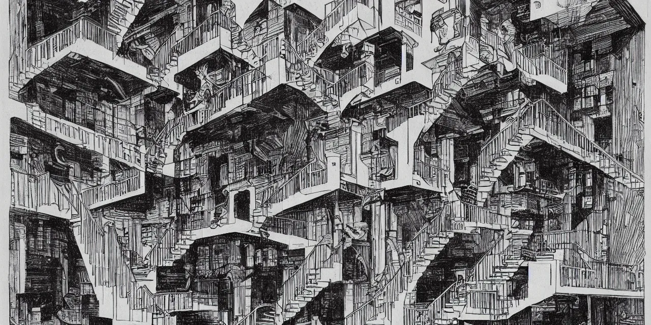 Prompt: multiple staircases by m. c. escher and mike mignola, heavy ink, dark