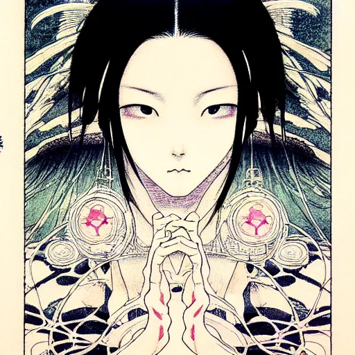 Image similar to prompt: Fragile looking soft light portrait face drawn by Takato Yamamoto and Katsuhiro Otomo, inspired by Ghost in Shell anime, magical and alchemical objects on the side, soft light, intricate detail, intricate ink painting detail, sharp high detail, manga and anime 2000