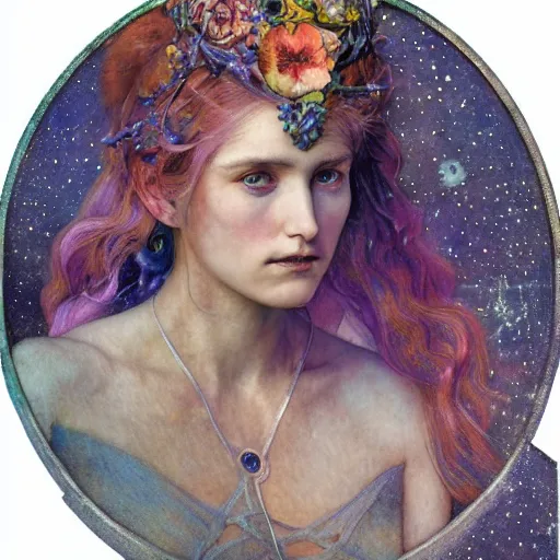 Image similar to queen of the moon with stars in her hair, by annie swynnerton and tino rodriguez and nicholas roerich and jean delville and donato giancola and tom bagshaw, dramatic lighting, floral tattoos, rich colors, smooth sharp focus, extremely detailed, adolf wolfli