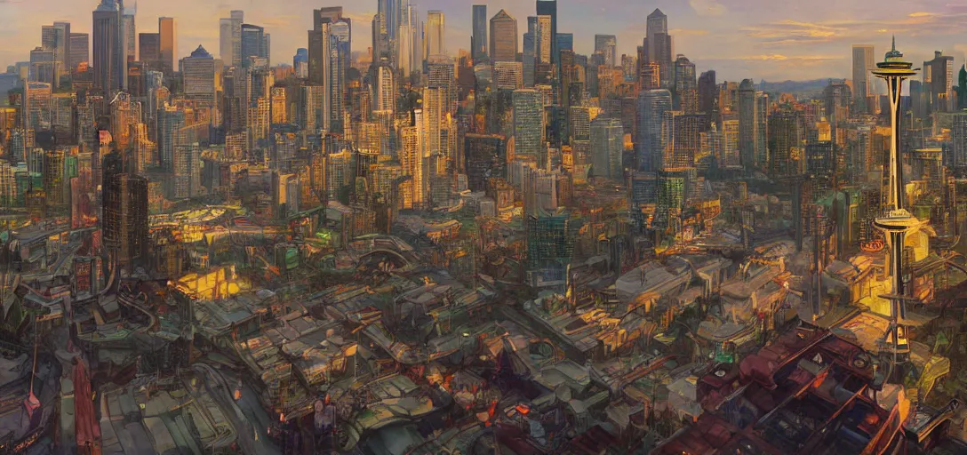 Image similar to the city of Seattle by Stanley Artgerm Lau, greg rutkowski, thomas kindkade, alphonse mucha, loish, norman Rockwel