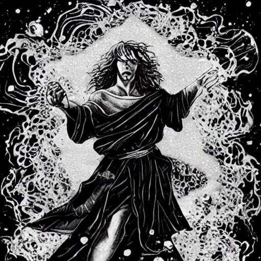 Image similar to black and white pen and ink!!!!!!! Leonardo Di Caprio handsome cosmic space robes flowing royal hair golden!!!! Vagabond!!!!!!!! floating magic swordsman!!!! glides through a beautiful!!!!!!! liquid magic floral crystal battlefield dramatic esoteric!!!!!! Long hair flowing dancing illustrated in high detail!!!!!!!! by Moebius and Hiroya Oku!!!!!!!!! graphic novel published on 2049 award winning!!!! full body portrait!!!!! action exposition manga panel black and white Shonen Jump issue by David Lynch eraserhead and beautiful line art Hirohiko Araki!! Rossetti, Millais, Mucha, Jojo's Bizzare Adventure