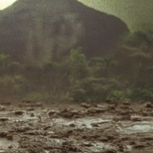 Image similar to film still, close up, dwayne johnson rising out of muddy vietnam river, face covered in mud, low camera angle at water level, night time, film still from apocalypse now ( 1 9 7 9 ), 2 6 mm