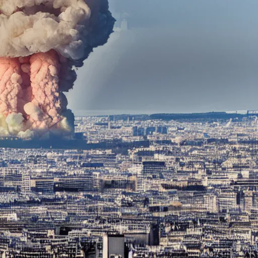 Image similar to photo of a nuclear explosion in paris, 8 k uhd, wide angle