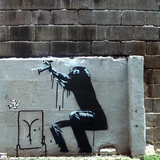 Image similar to banksy graffiti on cursed ancient anunnaki tomb, ps 1 graphics