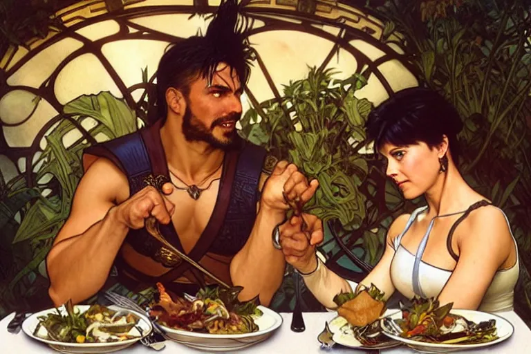 Image similar to xena warrior princess eating at a restaurant, with a hispanic man in a suit as her companion, art by artgerm and greg rutkowski and alphonse mucha