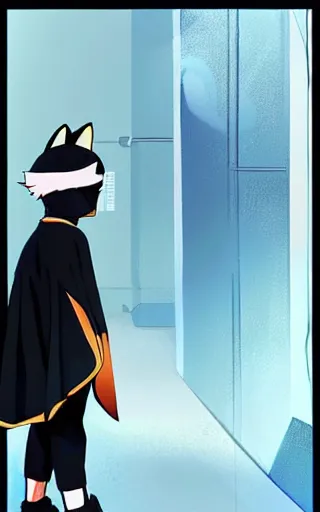 Prompt: little boy with cat ears wearing an black latex suit with cape. digital painting made by makoto shinkai and james jean, perfect composition, highly sharp details, smooth