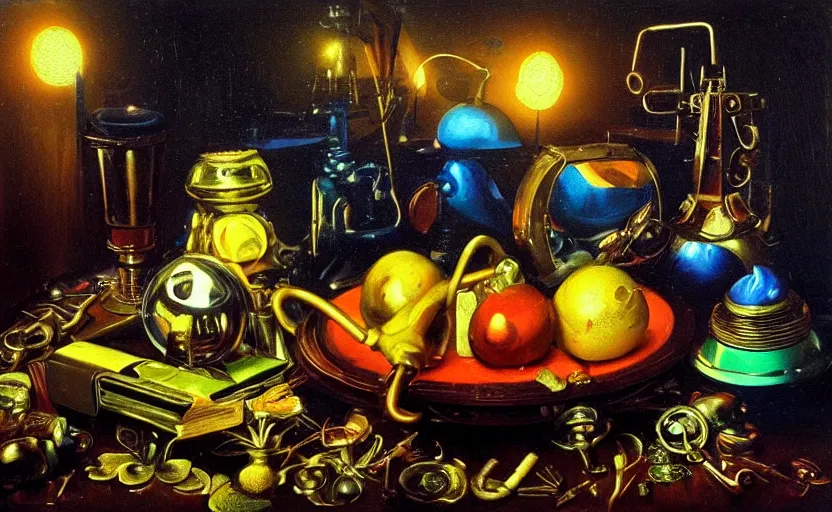 Prompt: disturbing colorful oil painting dark background dutch golden age vanitas still life futuristic sci fi beautiful composition with shiny smooth objects strange lights shiny metal reflections moody lights rachel ruysch dali todd schorr very detailed perfect composition rule of thirds masterpiece canon 5 0 mm, cinematic lighting, photography, retro, film, kodachrome