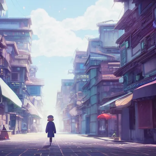 Prompt: a wholesome animation key shot of a person walking in the streets being knocked down by the wind, medium shot, waist up, studio Ghibli, Pixar and Disney animation, sharp, Rendered in Unreal Engine 5, anime key art by Greg Rutkowski, Bloom, dramatic lighting