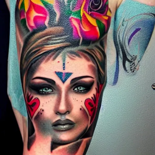 Image similar to tattoo on female face, epic, colorful, beautiful, intricate detail