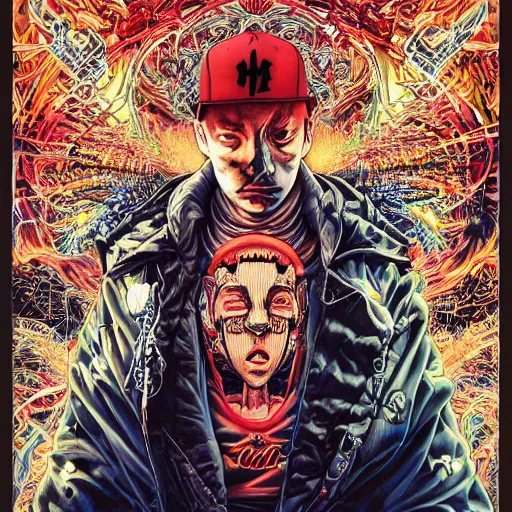 Image similar to portrait of crazy eminem, symmetrical, by yoichi hatakenaka, masamune shirow, josan gonzales and dan mumford, ayami kojima, takato yamamoto, barclay shaw, karol bak, yukito kishiro