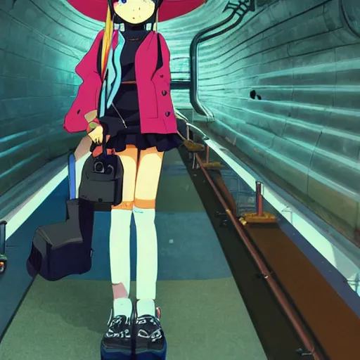 Prompt: anime girl with very large beret, cel - shading, 2 0 0 1 anime, flcl, jet set radio future, golden hour, underground facility, underground tunnel, pipes, rollerbladers, rollerskaters, cel - shaded, jsrf, strong shadows, vivid hues, y 2 k aesthetic